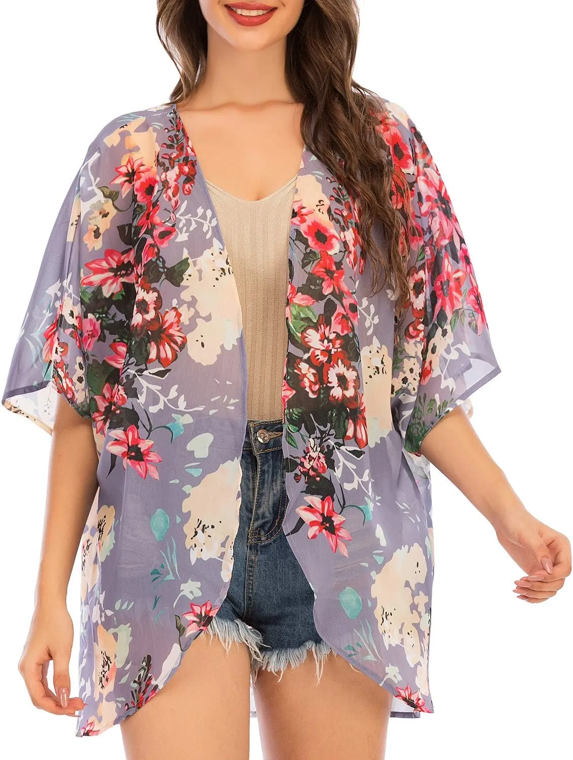Zando Womens Floral Kimono Cover Ups Short Sleeve Kimono Cardigans Casual Shawl Cardigan Loose Open Front Kimono Tops