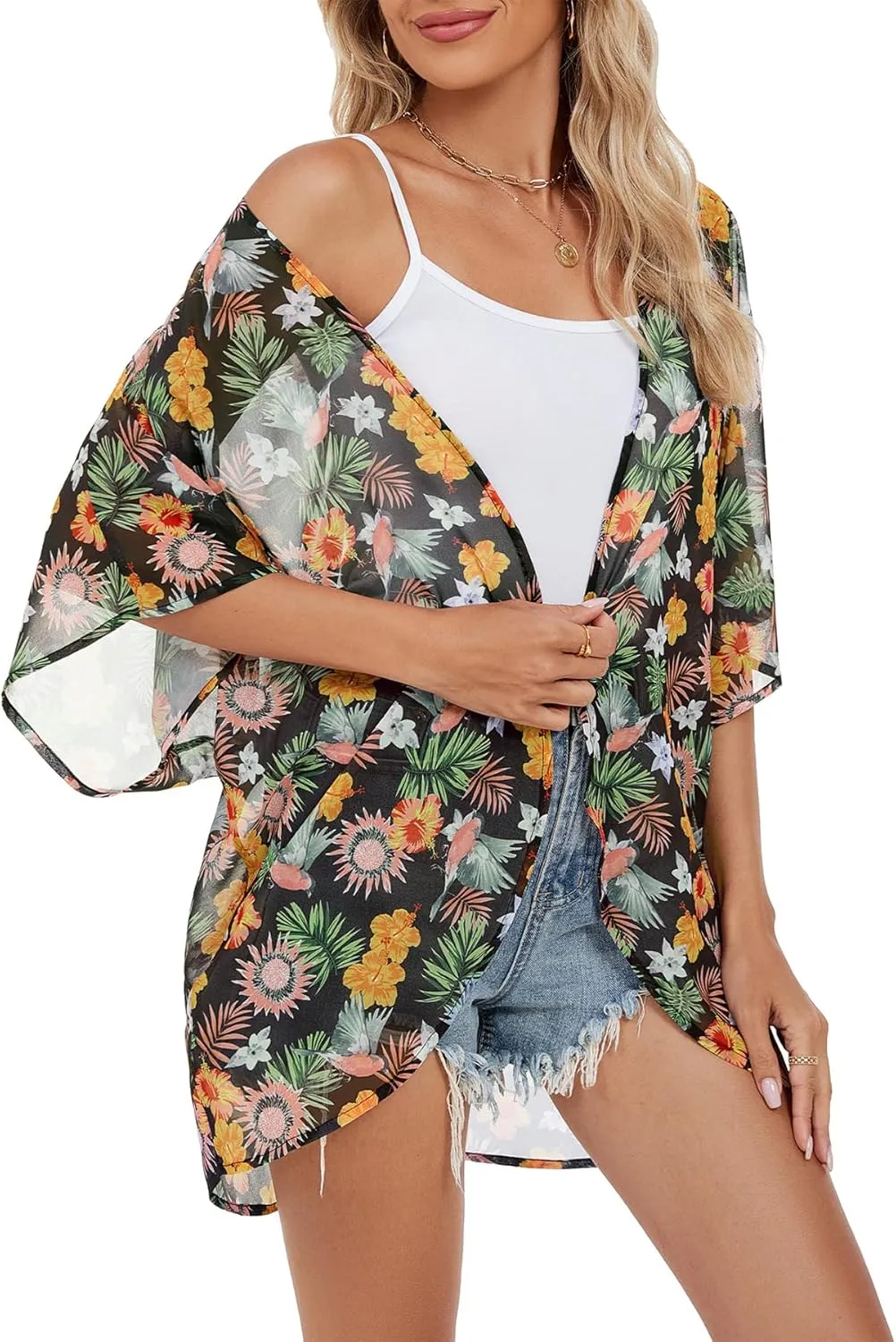 Zando Womens Floral Kimono Cover Ups Short Sleeve Kimono Cardigans Casual Shawl Cardigan Loose Open Front Kimono Tops