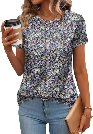 Zeagoo Womens Casual T Shirts for Summer 2025 Short Sleeve Crewneck Tunic Shirts Floral Print Tops Pleated Dressy Blouse