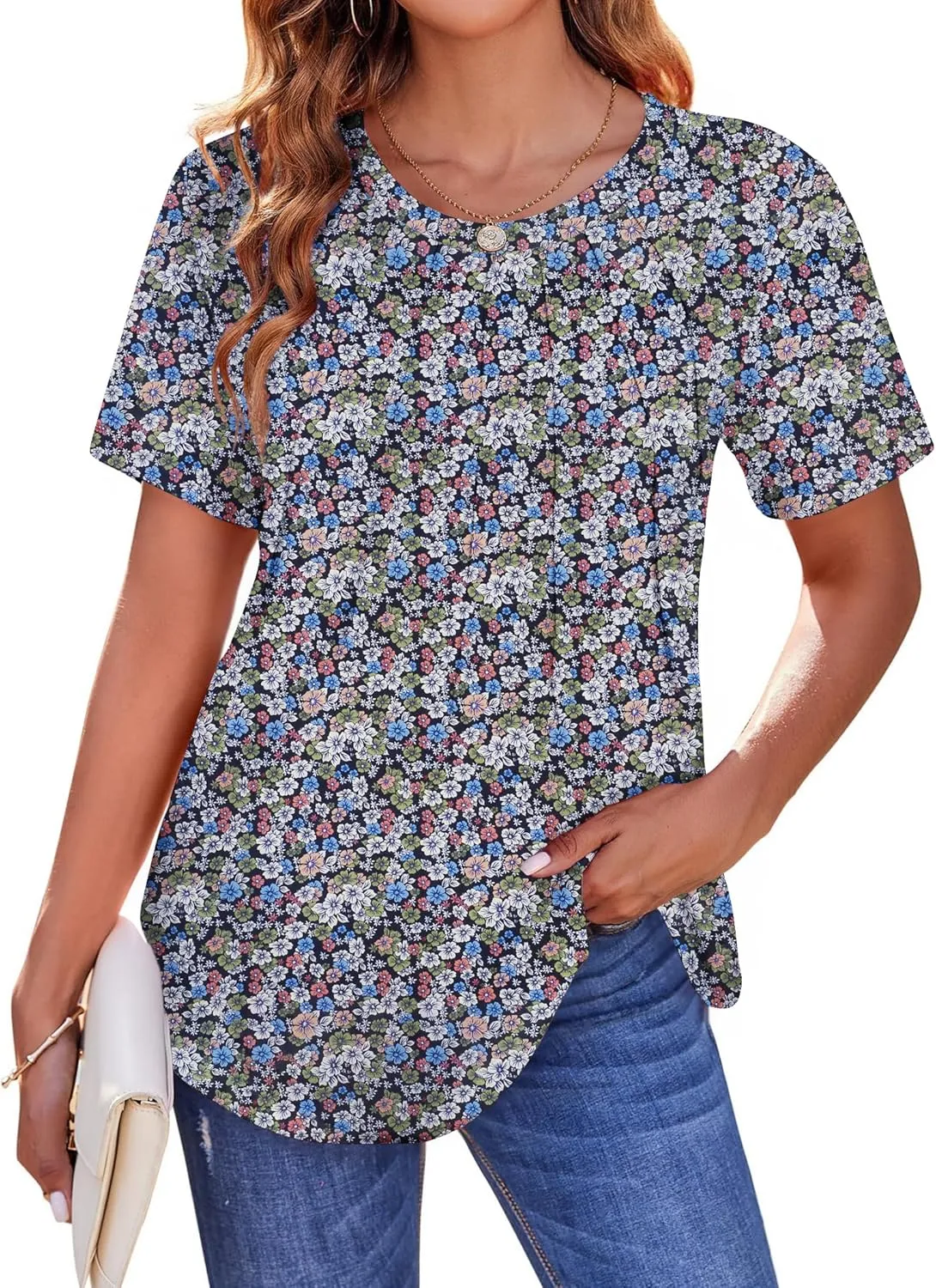 Zeagoo Womens Casual T Shirts for Summer 2025 Short Sleeve Crewneck Tunic Shirts Floral Print Tops Pleated Dressy Blouse