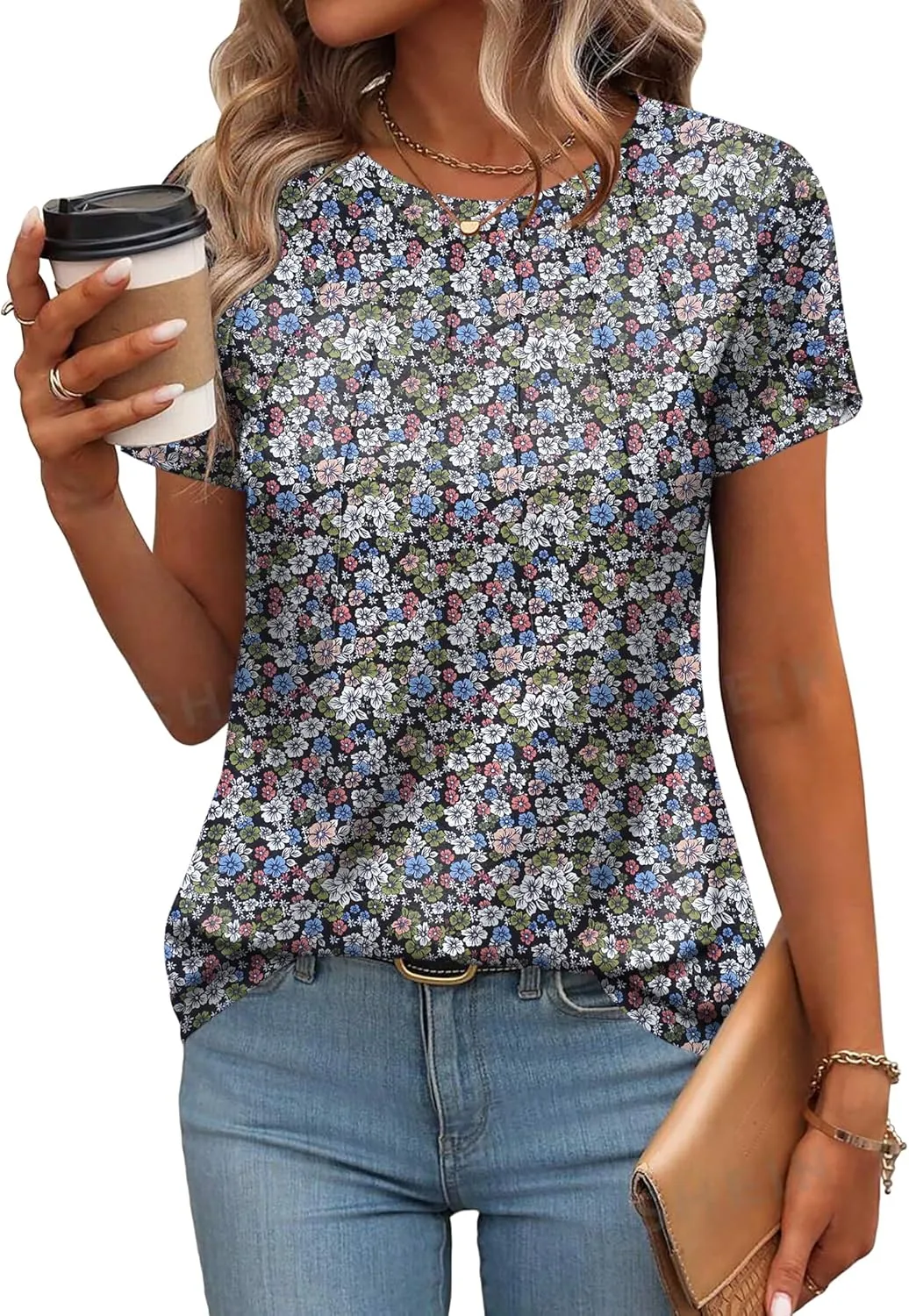 Zeagoo Womens Casual T Shirts for Summer 2025 Short Sleeve Crewneck Tunic Shirts Floral Print Tops Pleated Dressy Blouse