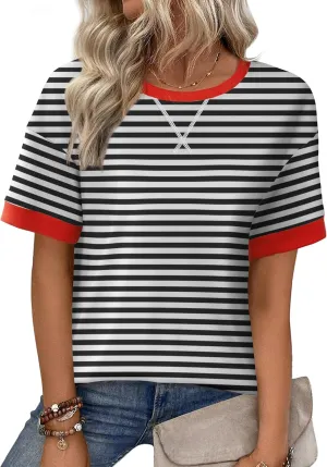 Zeagoo Womens Summer Tops Oversized Crewneck Short Sleeve T Shirts Casual Loose Fit Blouse Y2K 2025 Striped Basic Tee
