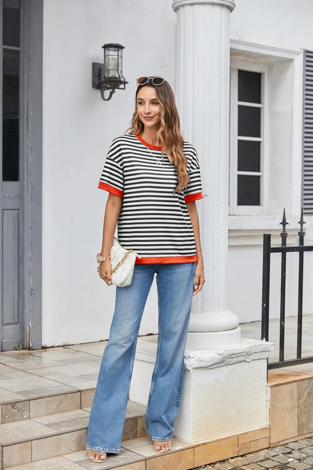 Zeagoo Womens Summer Tops Oversized Crewneck Short Sleeve T Shirts Casual Loose Fit Blouse Y2K 2025 Striped Basic Tee