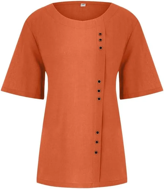 ZOCAVIA Women's Cotton Linen Shirts Summer Casual Boho Floral Short Sleeve Buttons Blouse Oversized Loose Ladies Tunic Tops