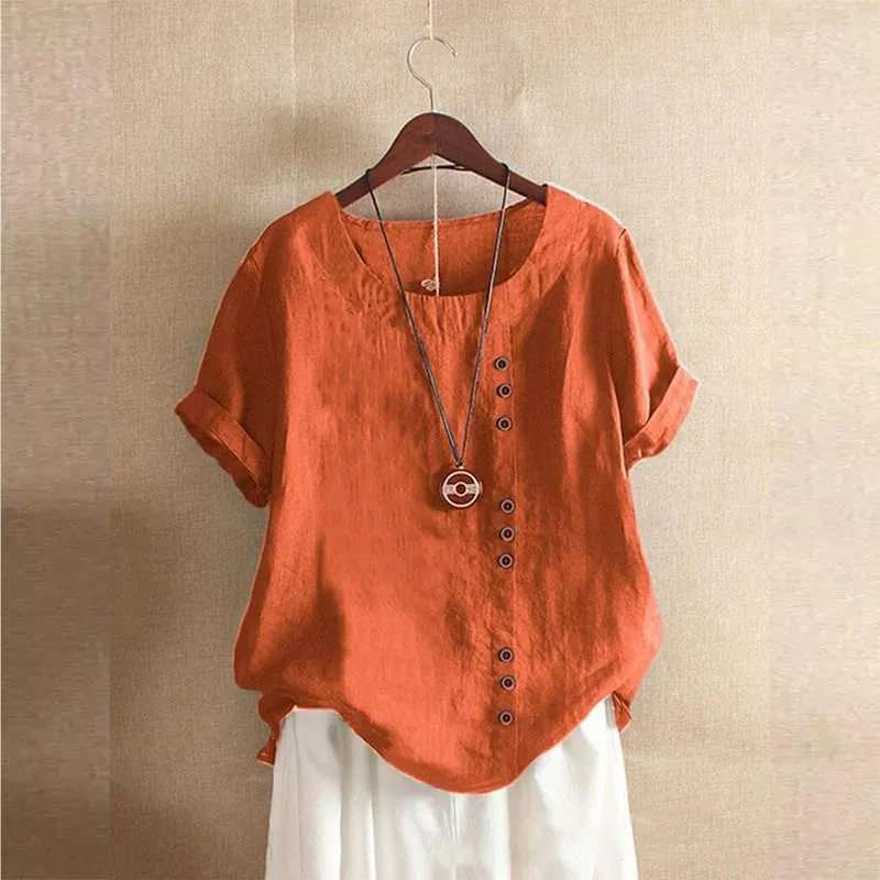ZOCAVIA Women's Cotton Linen Shirts Summer Casual Boho Floral Short Sleeve Buttons Blouse Oversized Loose Ladies Tunic Tops