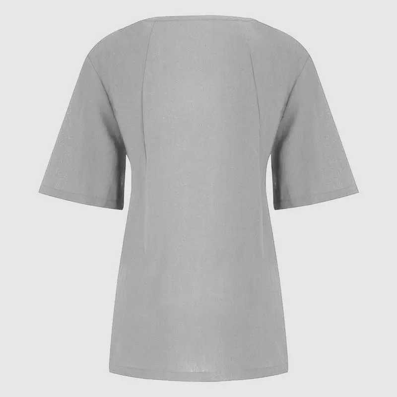 ZOCAVIA Women's Cotton Linen Shirts Summer Casual Boho Floral Short Sleeve Buttons Blouse Oversized Loose Ladies Tunic Tops