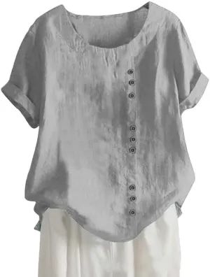 ZOCAVIA Women's Cotton Linen Shirts Summer Casual Boho Floral Short Sleeve Buttons Blouse Oversized Loose Ladies Tunic Tops