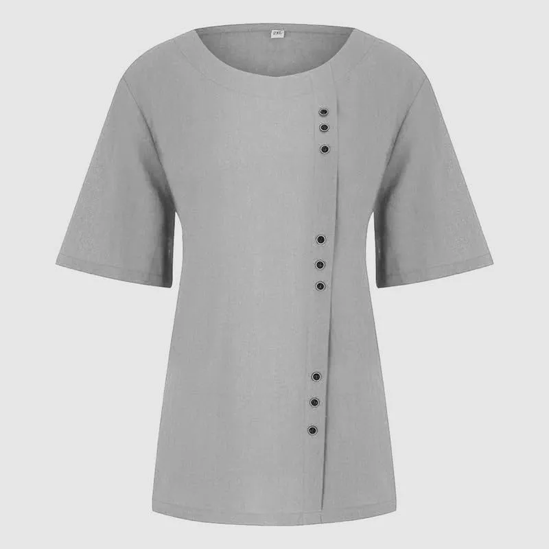 ZOCAVIA Women's Cotton Linen Shirts Summer Casual Boho Floral Short Sleeve Buttons Blouse Oversized Loose Ladies Tunic Tops