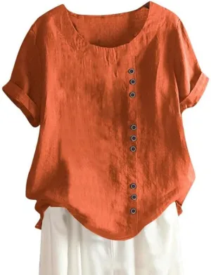 ZOCAVIA Women's Cotton Linen Shirts Summer Casual Boho Floral Short Sleeve Buttons Blouse Oversized Loose Ladies Tunic Tops