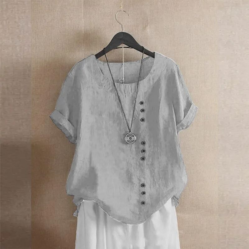 ZOCAVIA Women's Cotton Linen Shirts Summer Casual Boho Floral Short Sleeve Buttons Blouse Oversized Loose Ladies Tunic Tops
