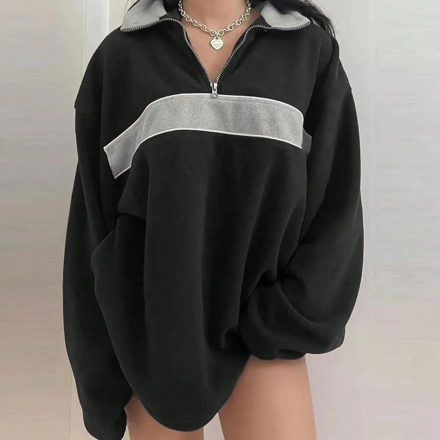 ZWRXW Women's Oversized Half Zip Sweatshirts Color Block Long Sleeve Lapel Pullover Casual Loose Fit Tops Fall Winter Clothes