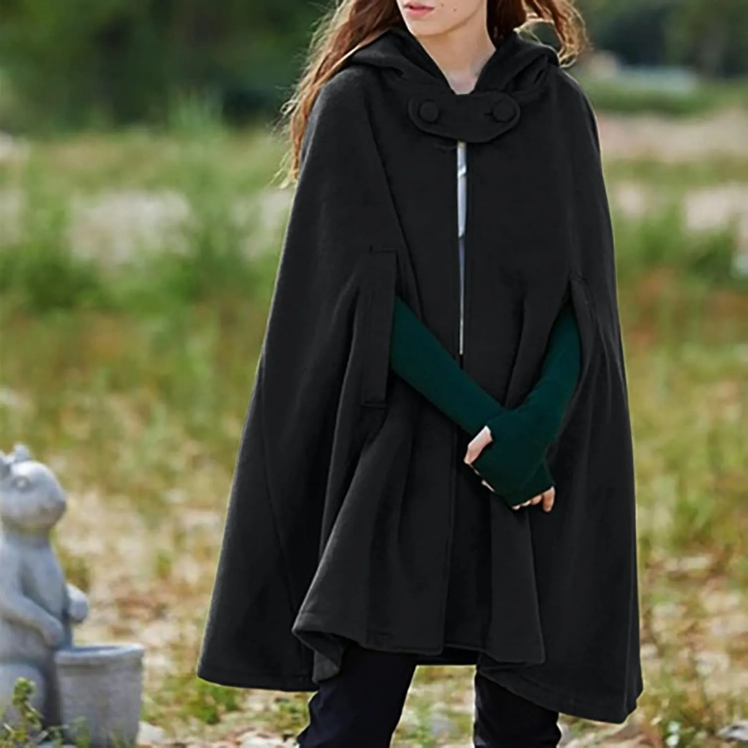 ZYXTIM Women's Wool Blend Hooded Poncho Cape Button Open Front Fall Winter Warm Pea Coat Cloak Elegant Classy Maxi Cape Coat