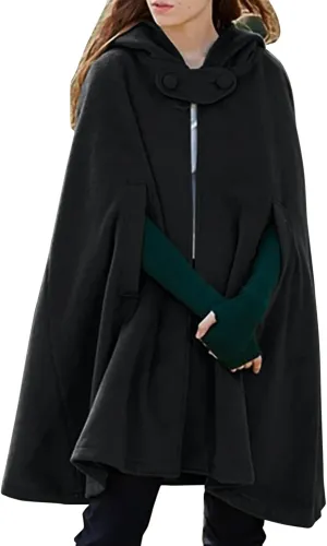 ZYXTIM Women's Wool Blend Hooded Poncho Cape Button Open Front Fall Winter Warm Pea Coat Cloak Elegant Classy Maxi Cape Coat