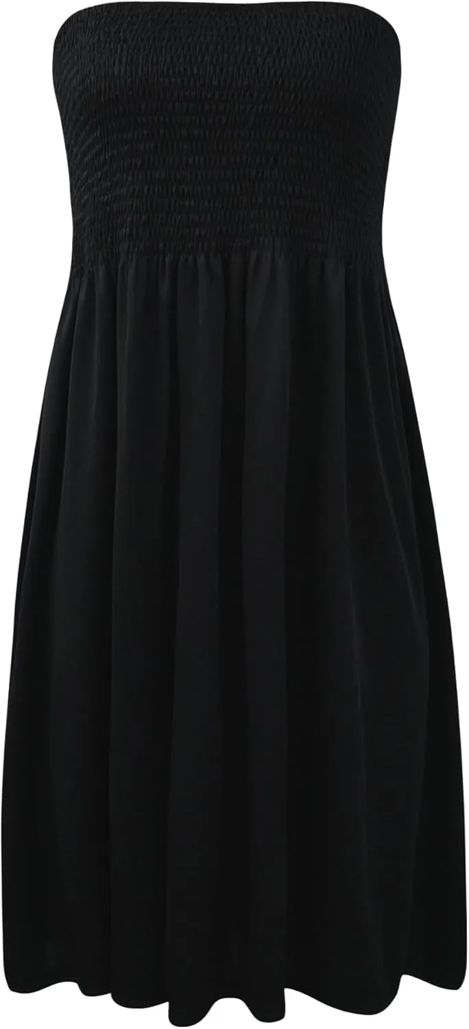 Zyyfly Tube Top Dress Women Summer Beach Coverup Stretch Smocked Strapless Dress