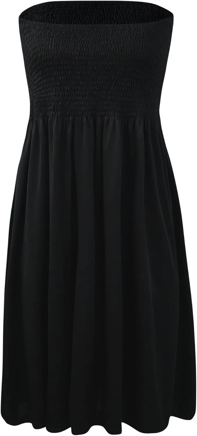 Zyyfly Tube Top Dress Women Summer Beach Coverup Stretch Smocked Strapless Dress